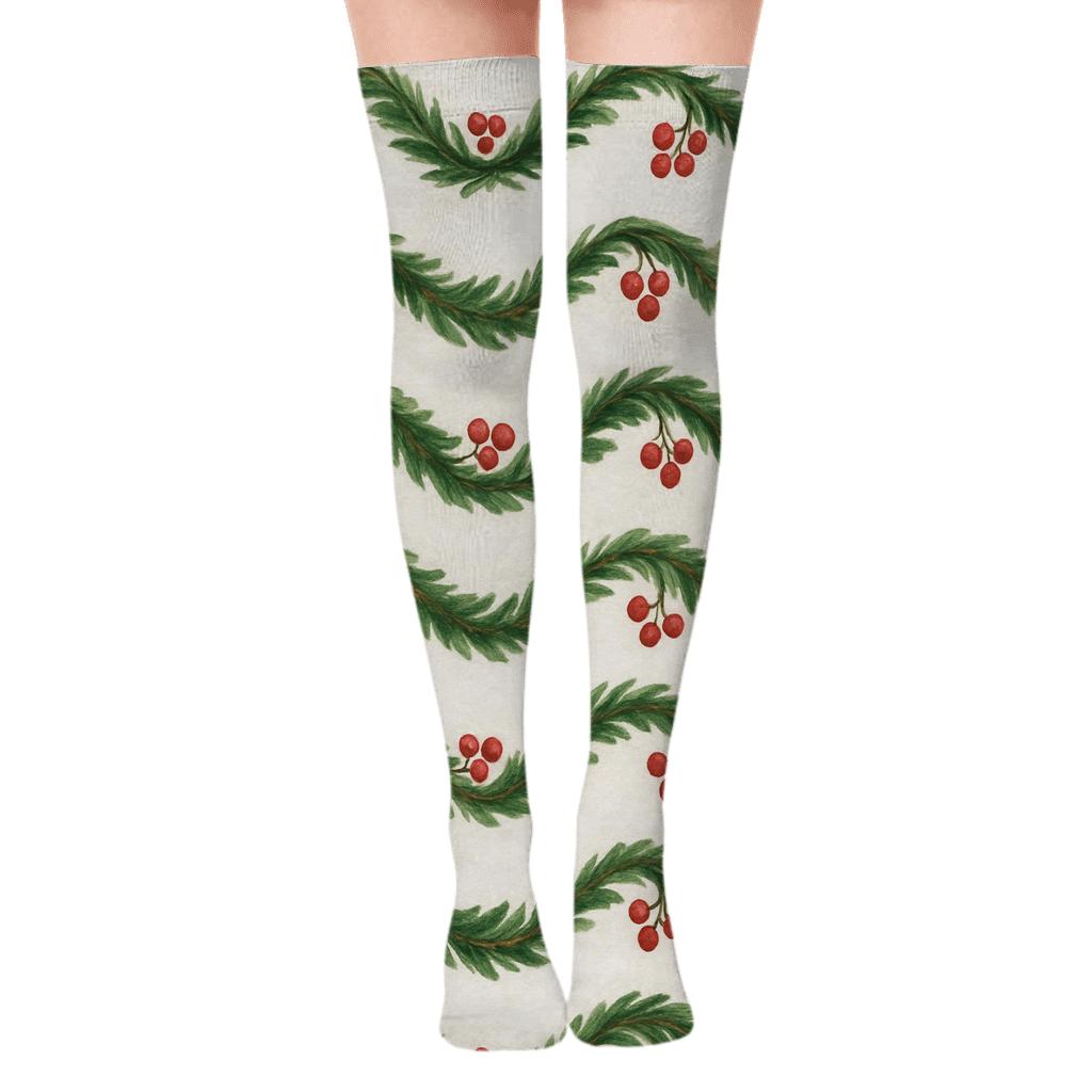 Holiday Garland Wave Xmas trendy patterned over-the-knee socks