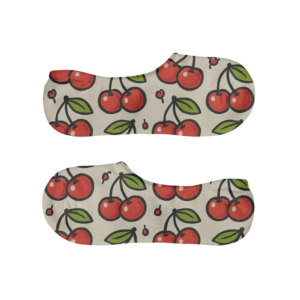 Paired Cherry Grid On Cream designer print no-show socks