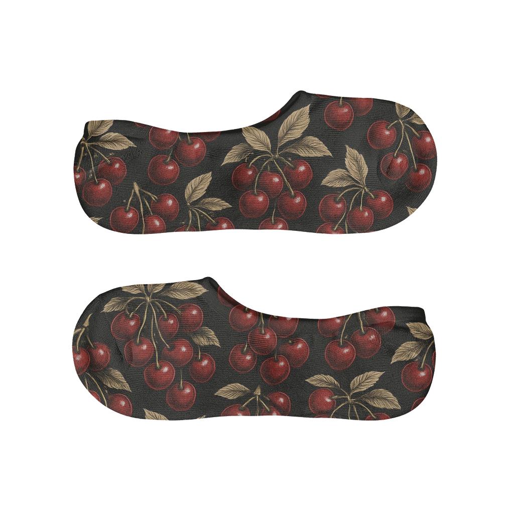 Glossy Cherry Cluster Array On Black soft cotton no-show socks