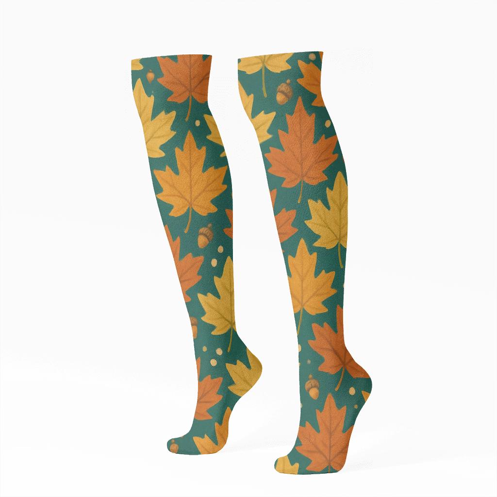 Golden Maple Tessellation On Deep Teal designer print knee-high socks
