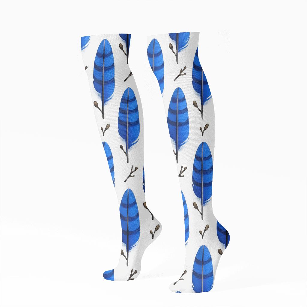Blue Jay Feather Grid personalized knee-high socks