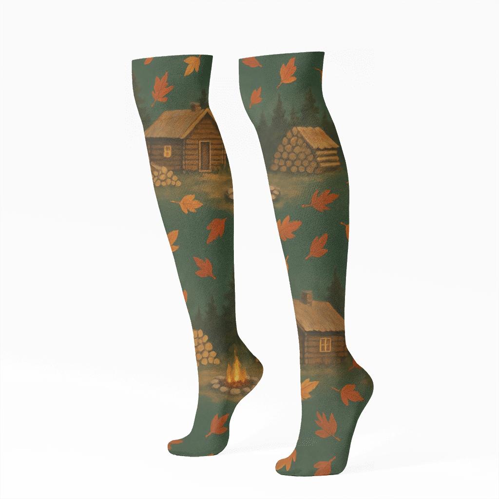 Cozy Cabin Wraparound Scene On Forest Green comfortable cotton knee-high socks