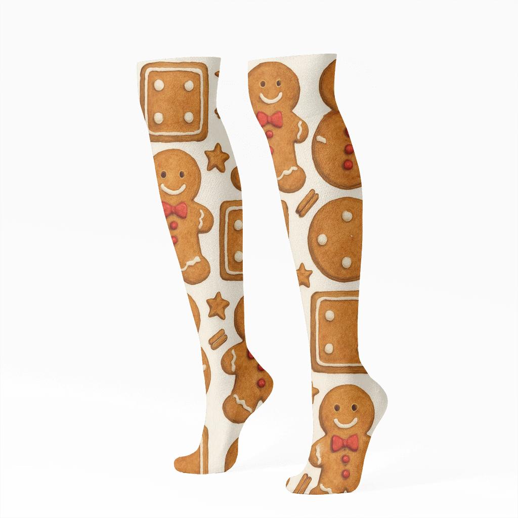 Xmas Gingerbread Tile On White Background stylish athletic knee-high socks