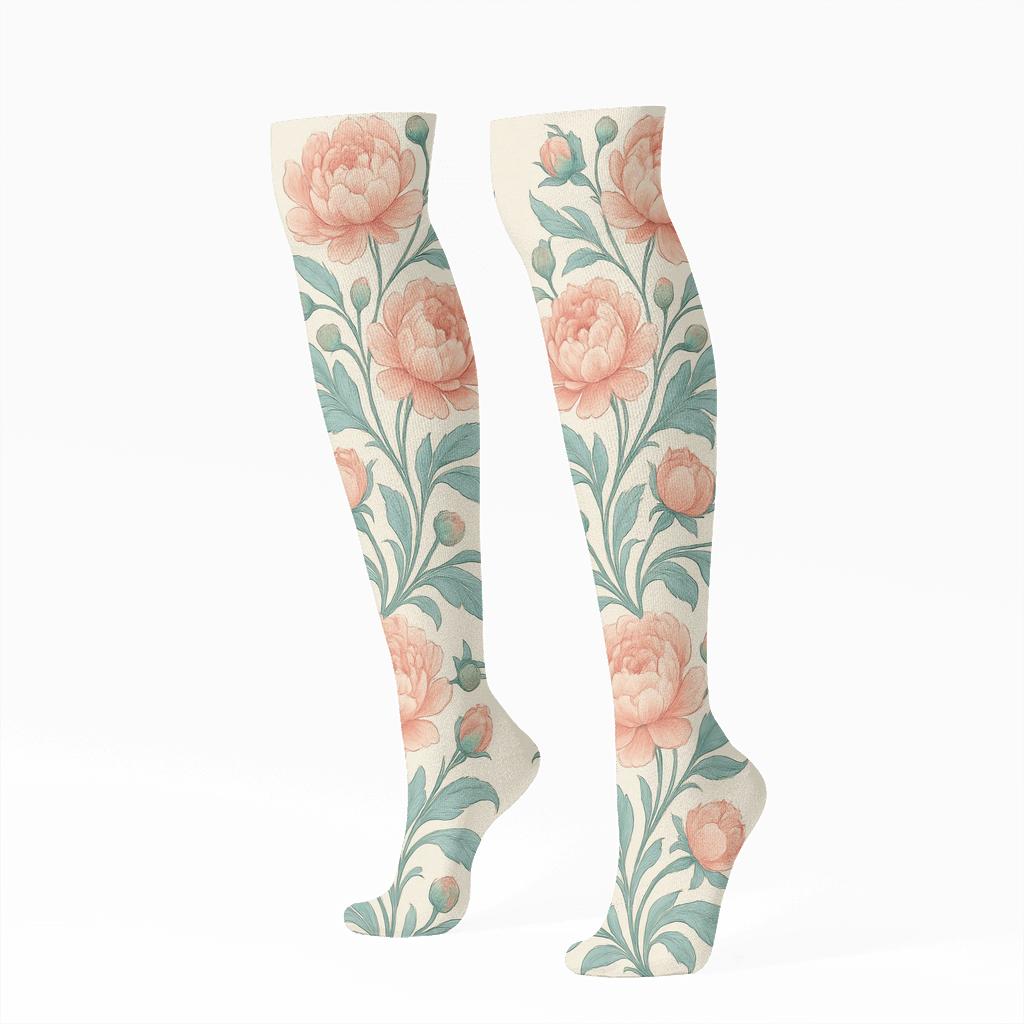 Peony Mirror Pair On Ivory Background soft everyday knee-high socks