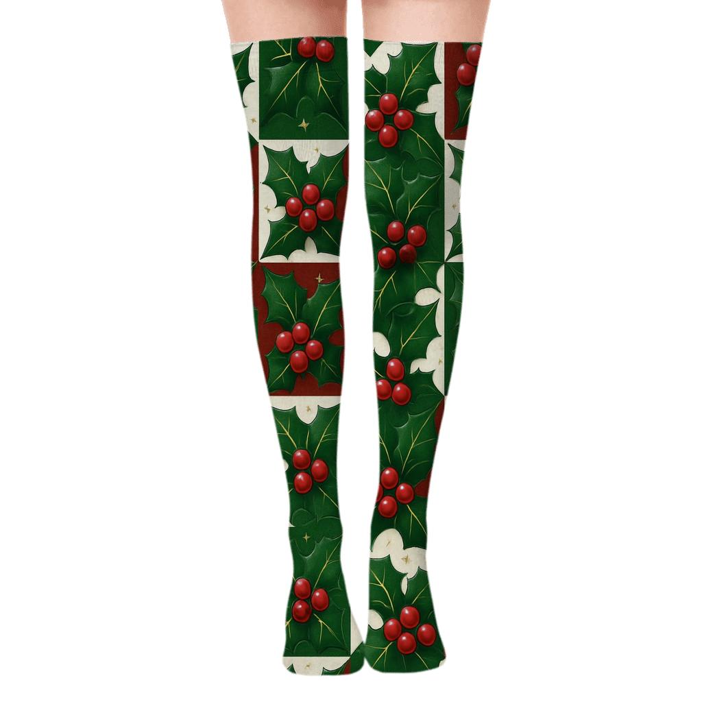 Crimson Holly Grid trendy patterned over-the-knee socks