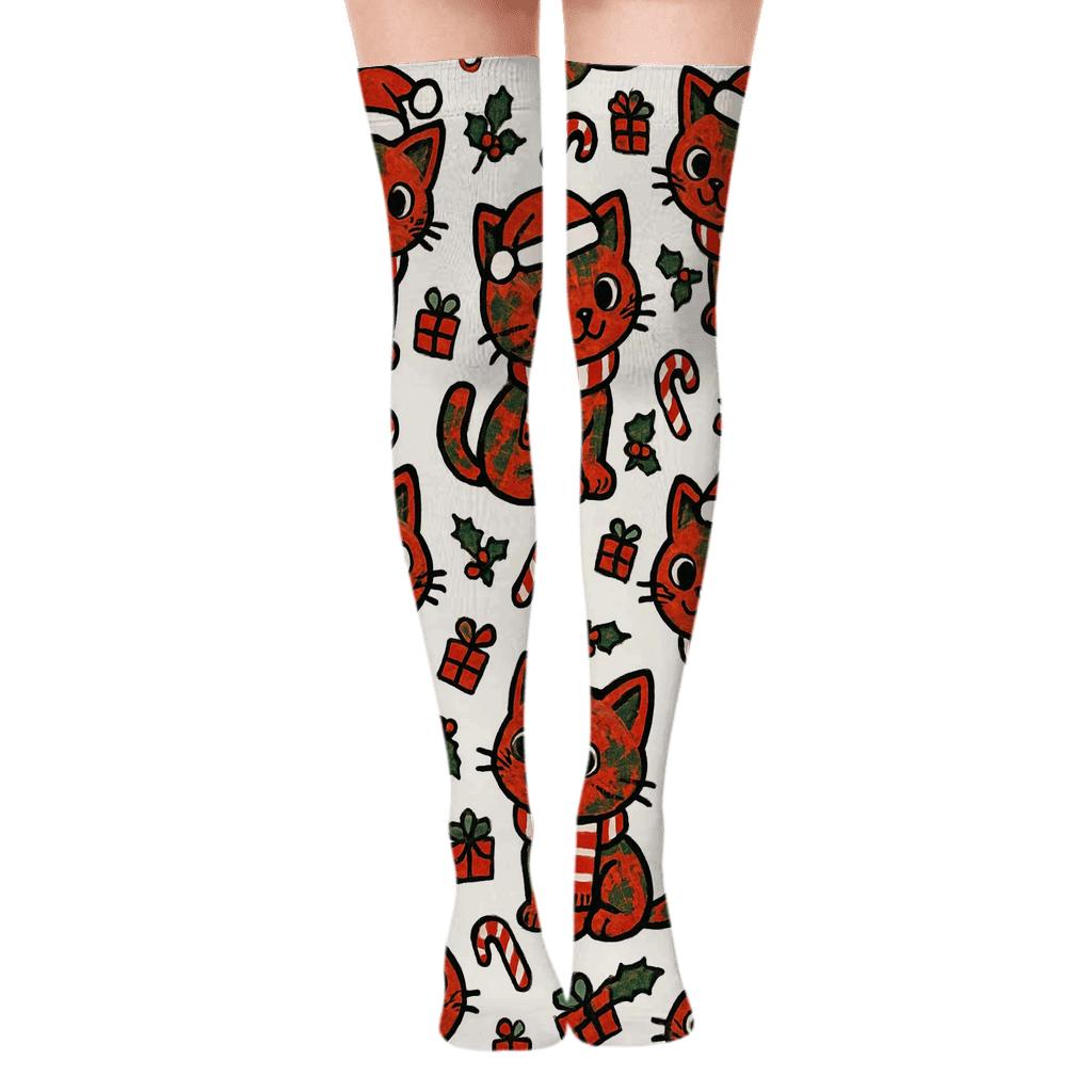 Plaid Caroling Cats Grid unique graphic over-the-knee socks