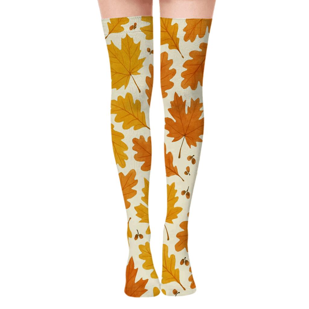 Golden Leaf Tessellation On Cream comfortable cotton over-the-knee socks