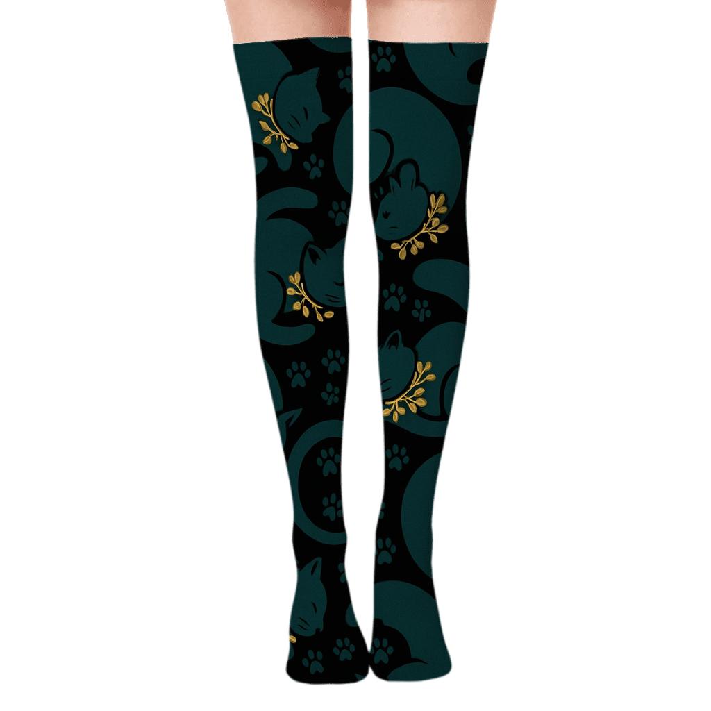 Midnight Mistletoe Cats Tessellation personalized over-the-knee socks