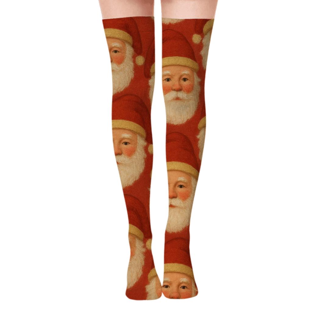 Cozy Santa Face Mid Pattern comfortable cotton over-the-knee socks