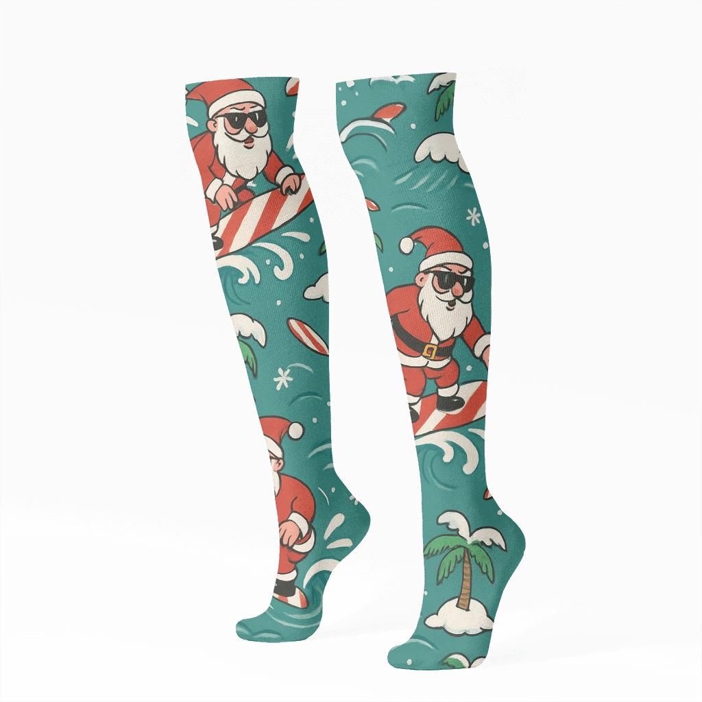 Santa Surfing Wave Christmas soft everyday knee-high socks