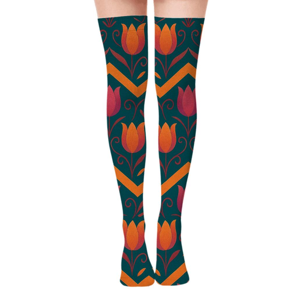 Tulip Chevron On Deep Teal Background designer print over-the-knee socks