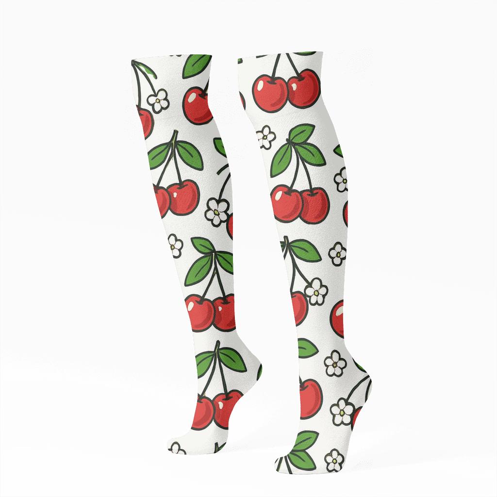 Paired Cherry Grid On White stylish athletic knee-high socks