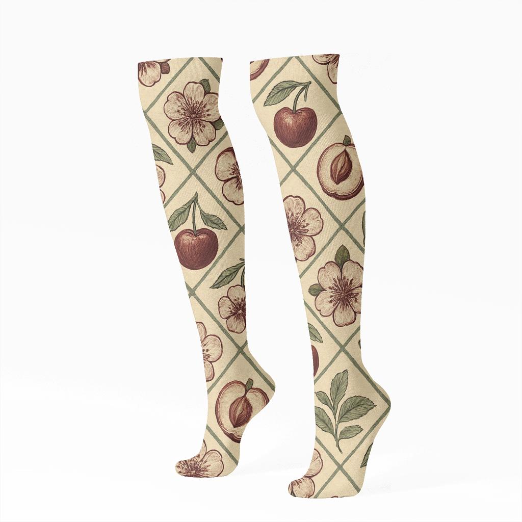 Vintage Cherry Blossom Lattice On Cream unique graphic knee-high socks