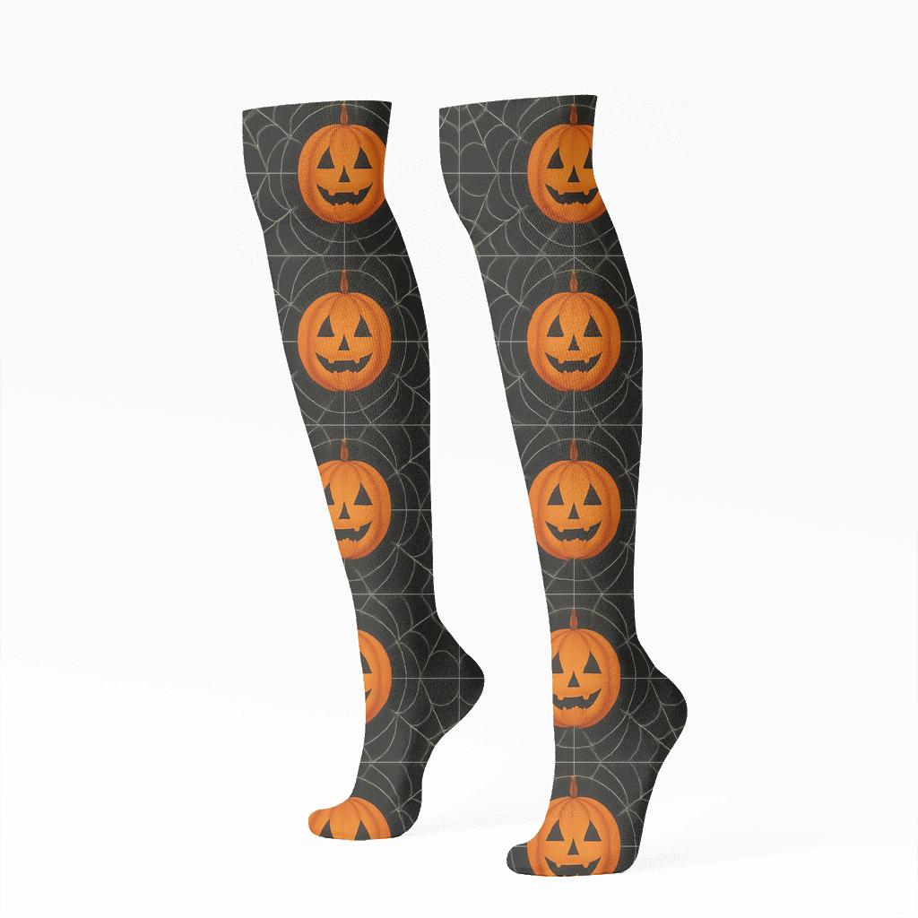 Spider Web Overlay With Pumpkin Medallions On Black Background comfortable cotton knee-high socks