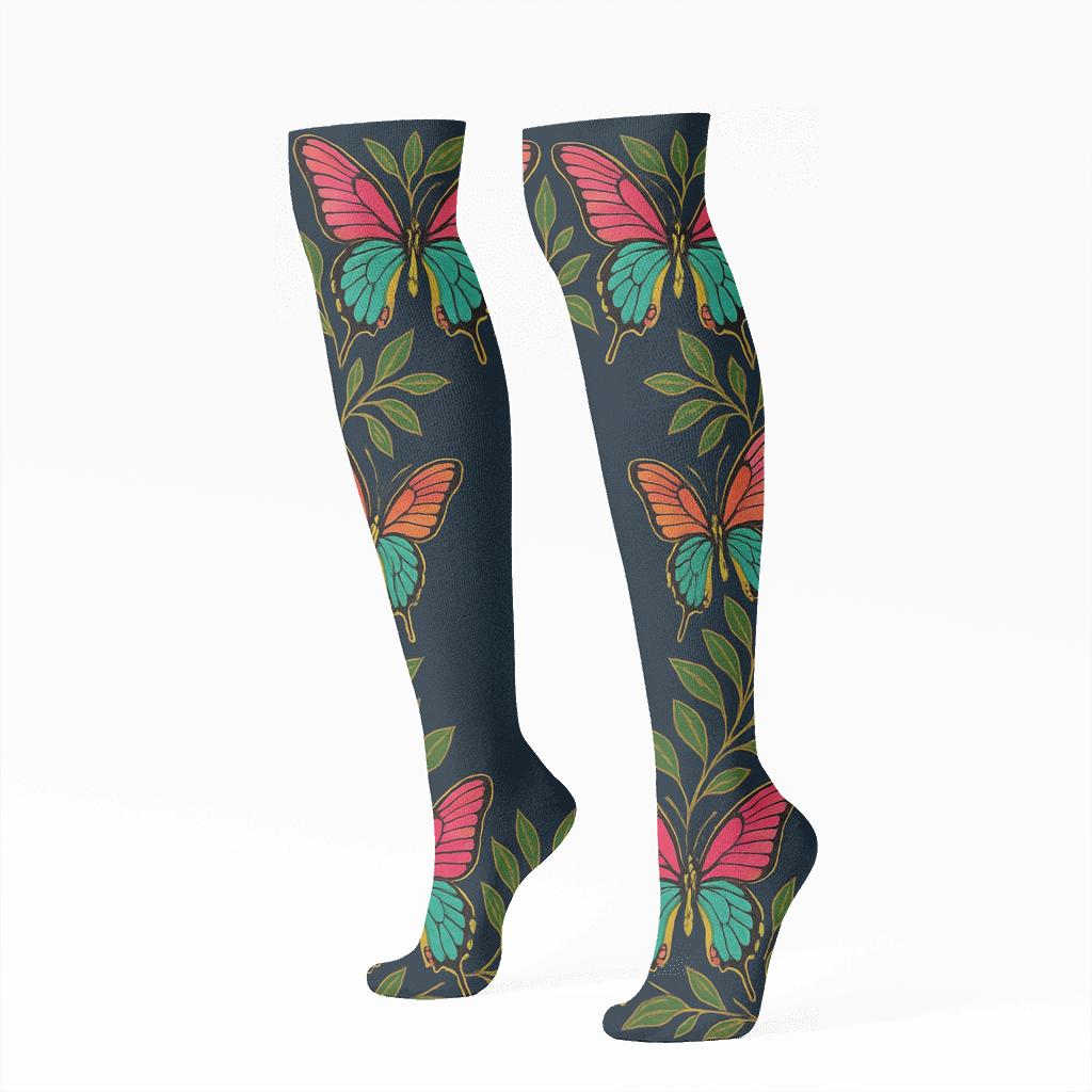 Swallowtail Mirrored Border On Navy premium sports knee-high socks