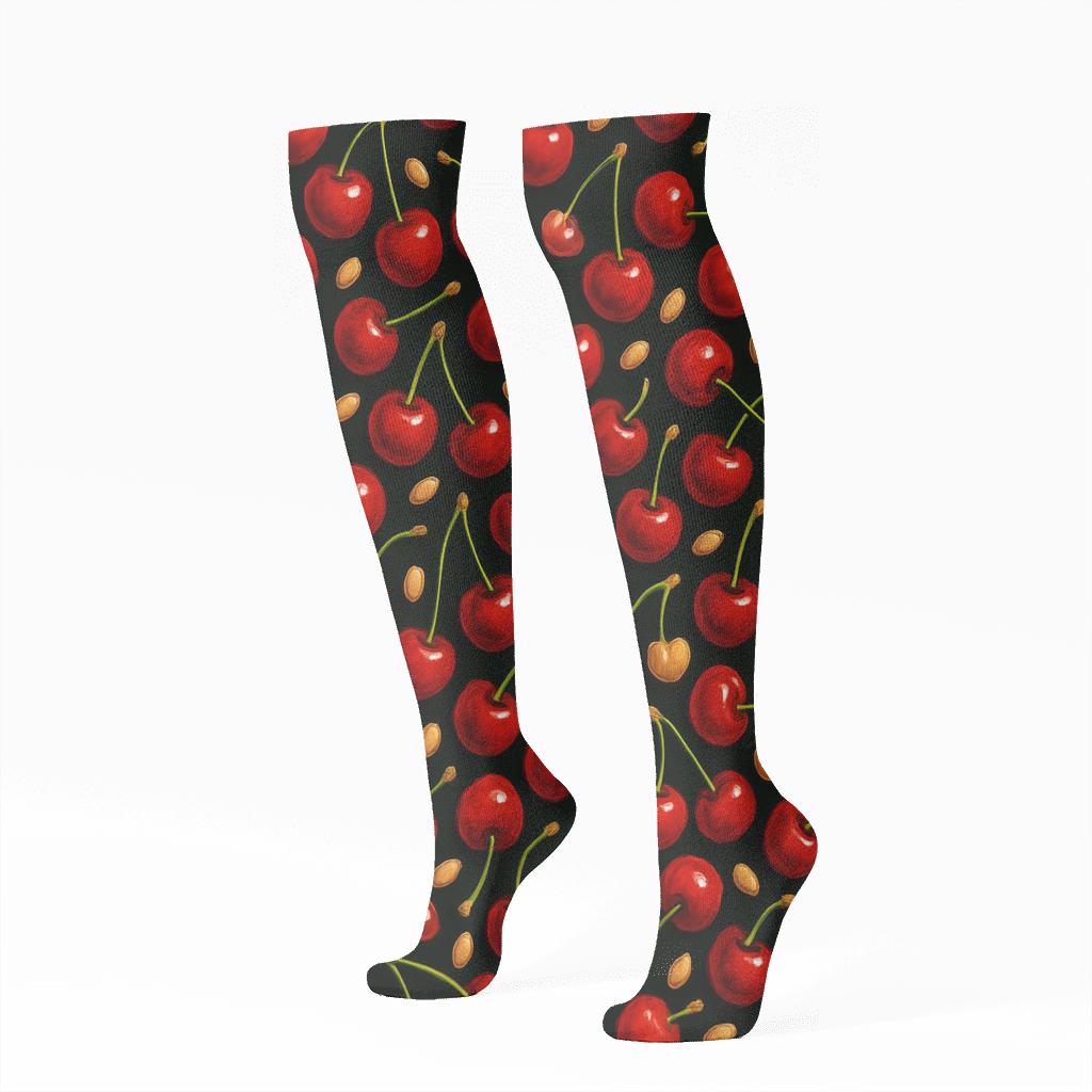 Glossy Cherry Scatter On Black personalized knee-high socks
