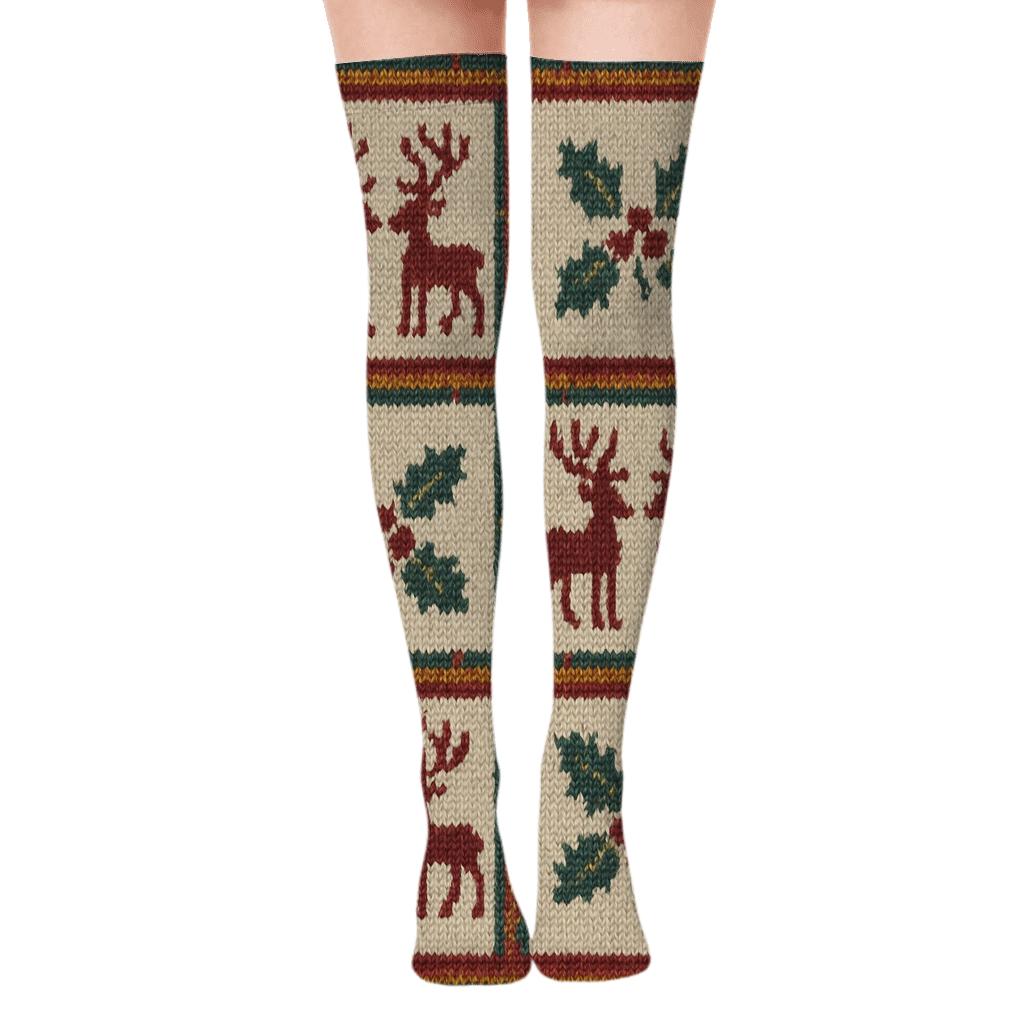 Nordic Reindeer Tartan Grid trendy patterned over-the-knee socks