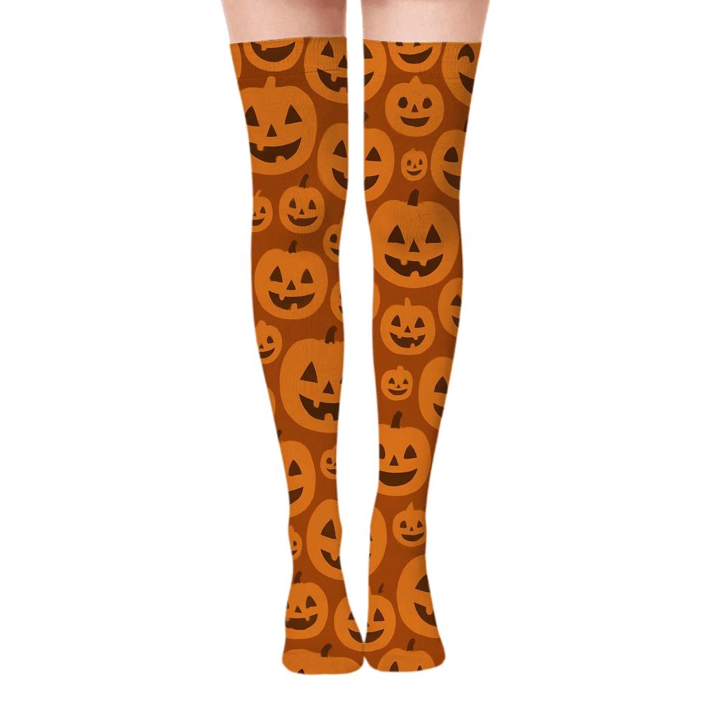 Jack O Lantern Smile Wave On Orange Background unique graphic over-the-knee socks