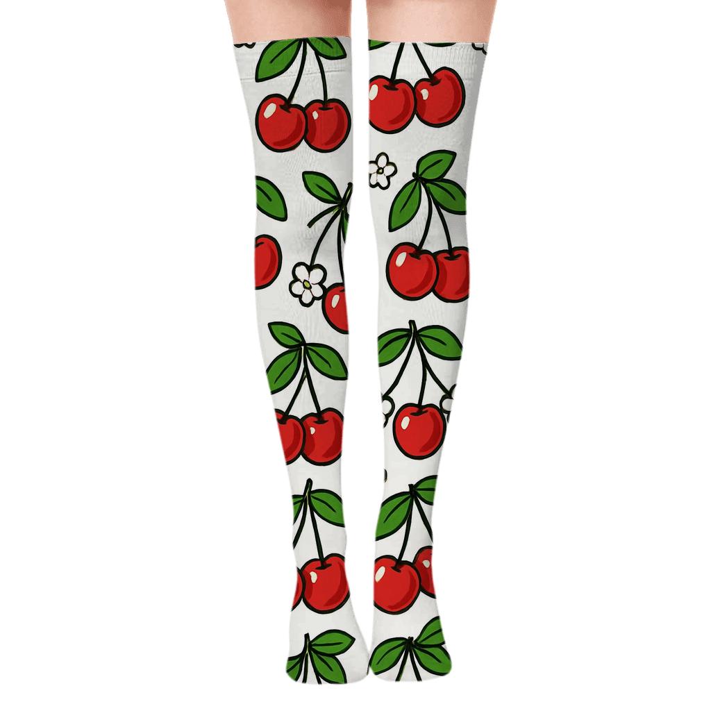 Paired Cherry Grid On White designer print over-the-knee socks