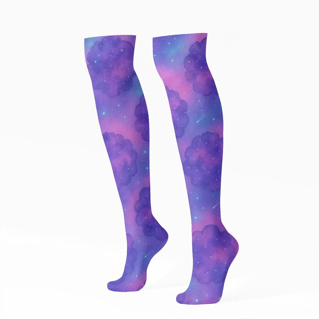 Neon Nebula Watercolor Grid designer print knee-high socks