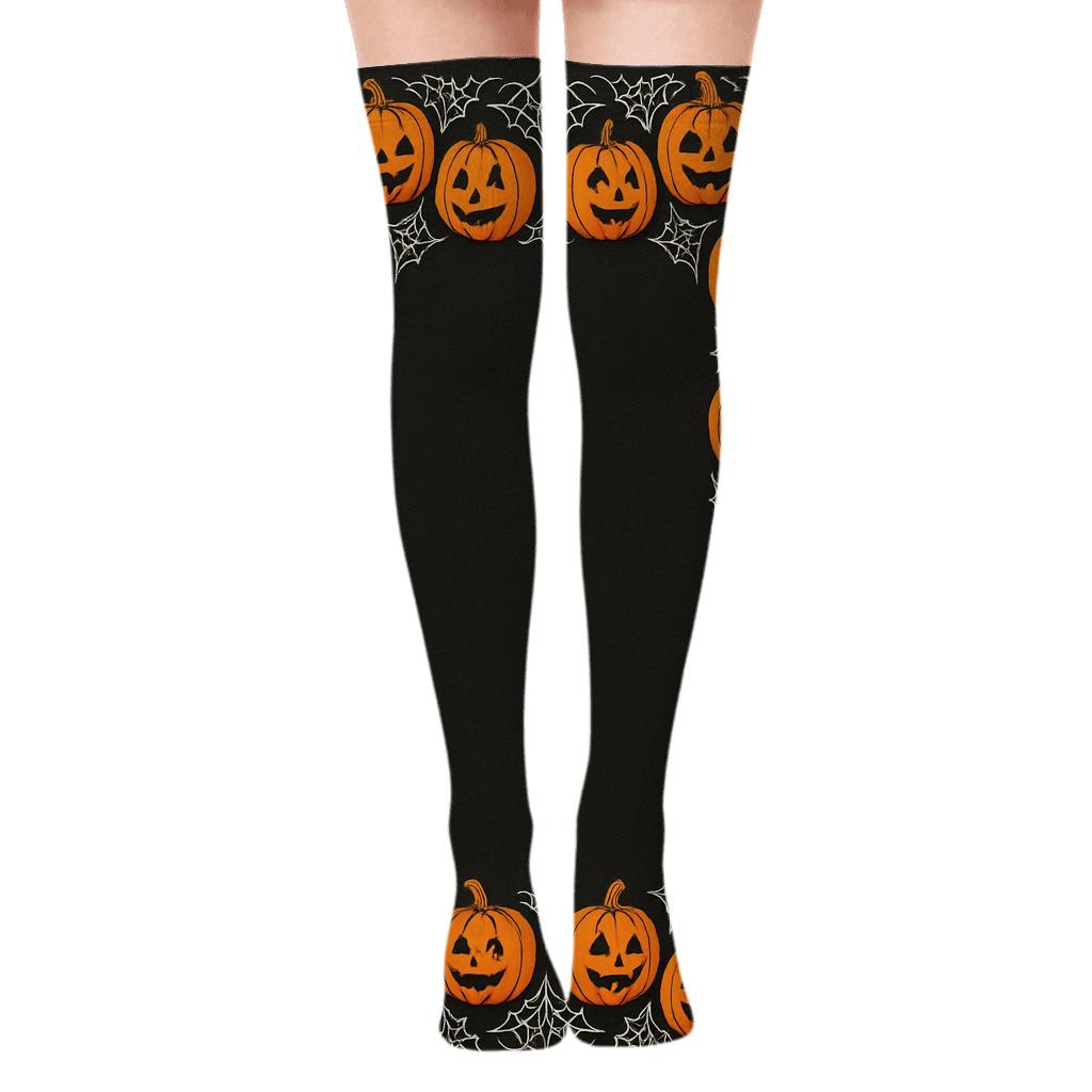 Pumpkin Hexagonal Tile Border On Black Background personalized over-the-knee socks