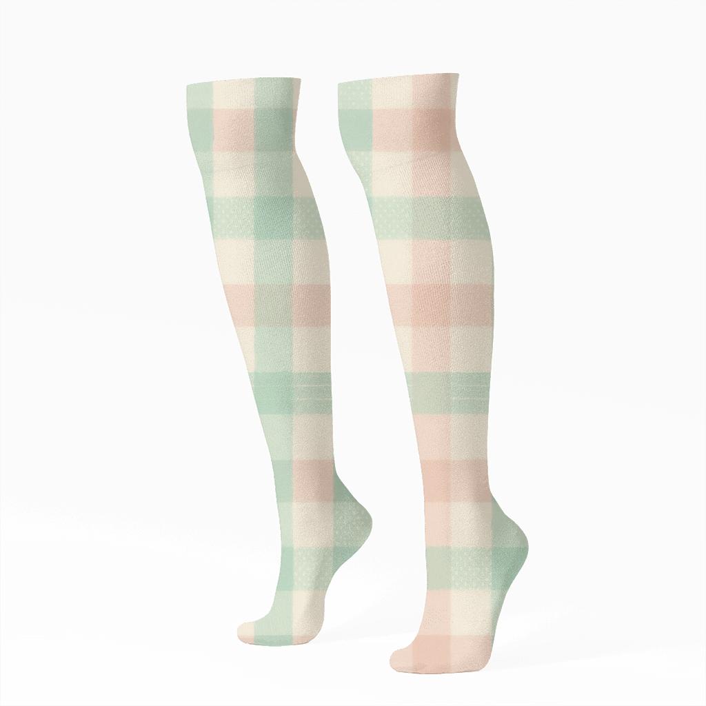 Pastel Gingham With Dot Filled Alternates comfortable cotton knee-high socks