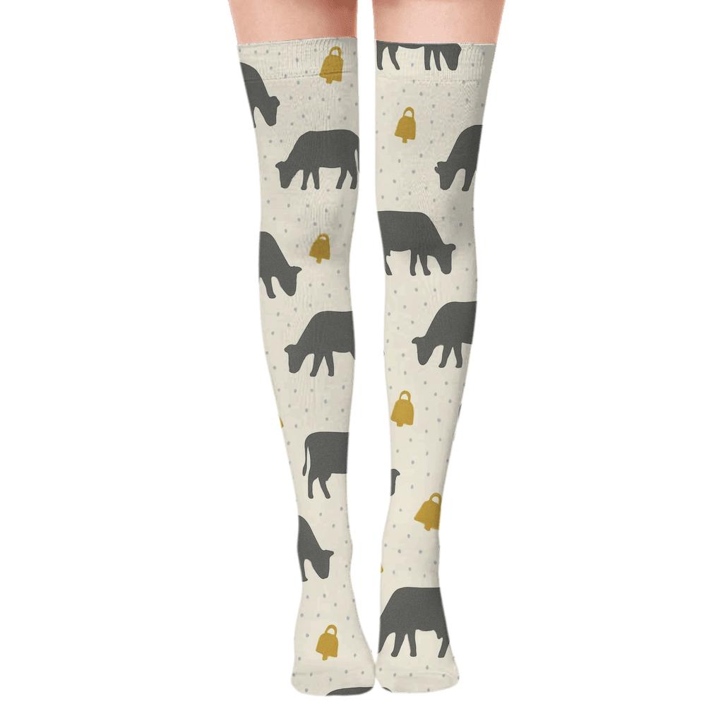 Playful Grazing Cow Silhouette Scatter stylish fashion over-the-knee socks