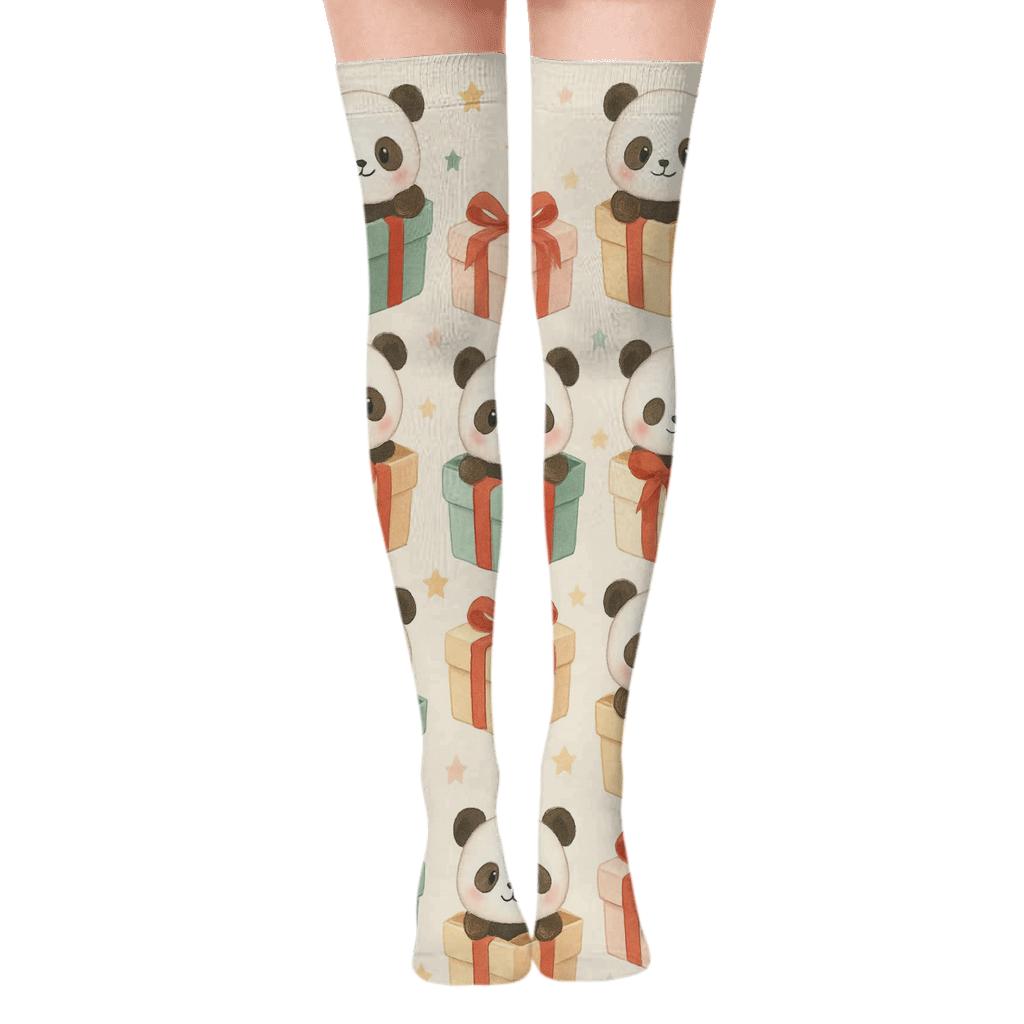 Panda Giftbox Checker unique graphic over-the-knee socks