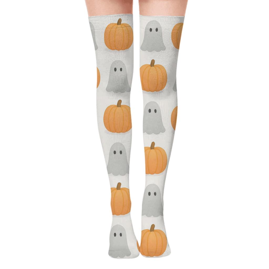 Alternating Ghost And Pumpkin Grid On White Background trendy patterned over-the-knee socks