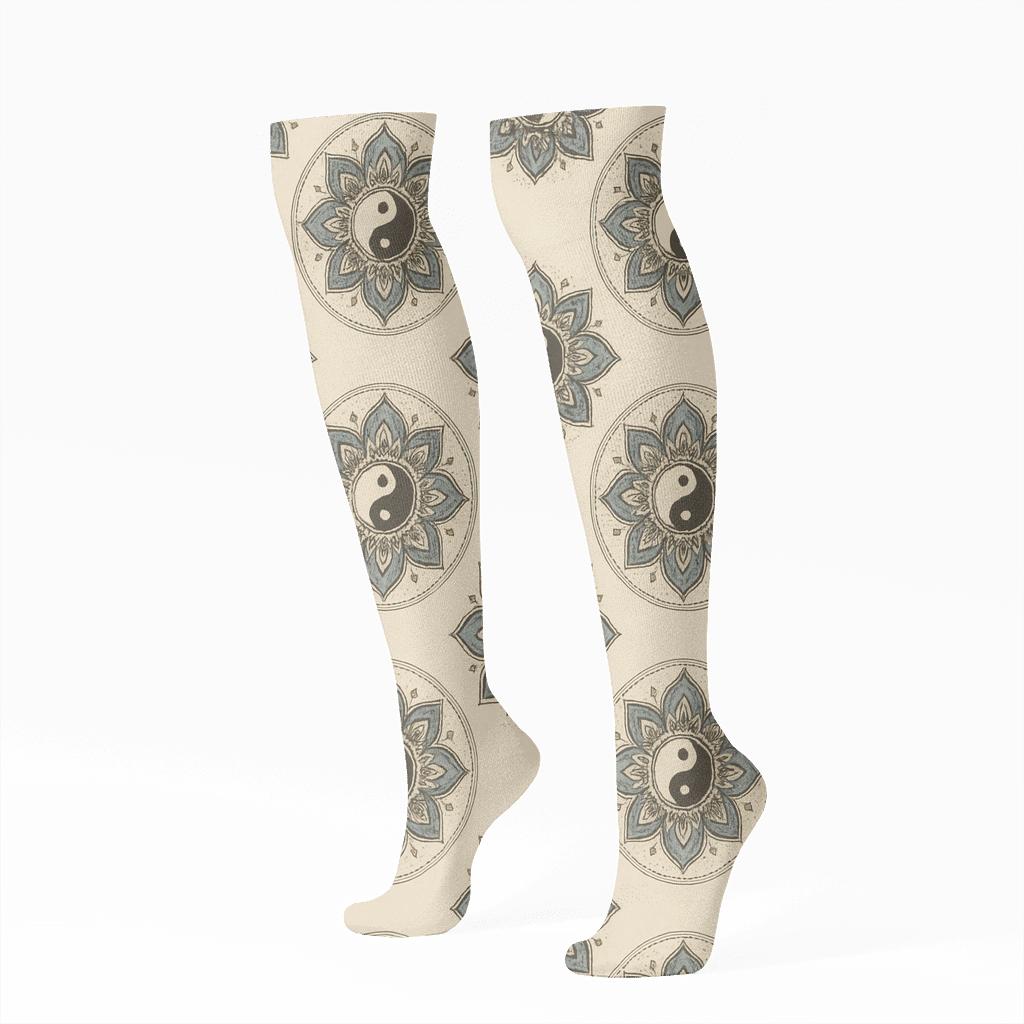 Radial Duality Mandala On Soft Ivory designer print knee-high socks