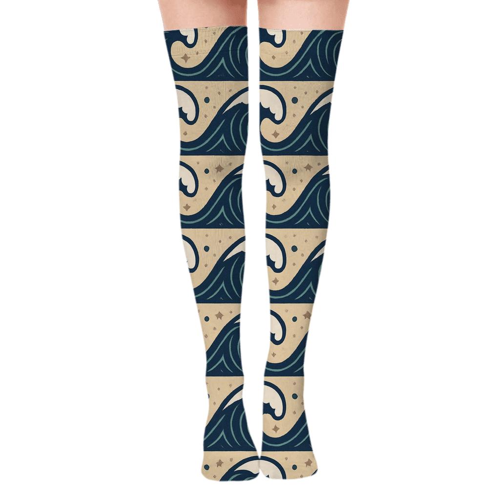 Deep Blue Crest Grid designer print over-the-knee socks