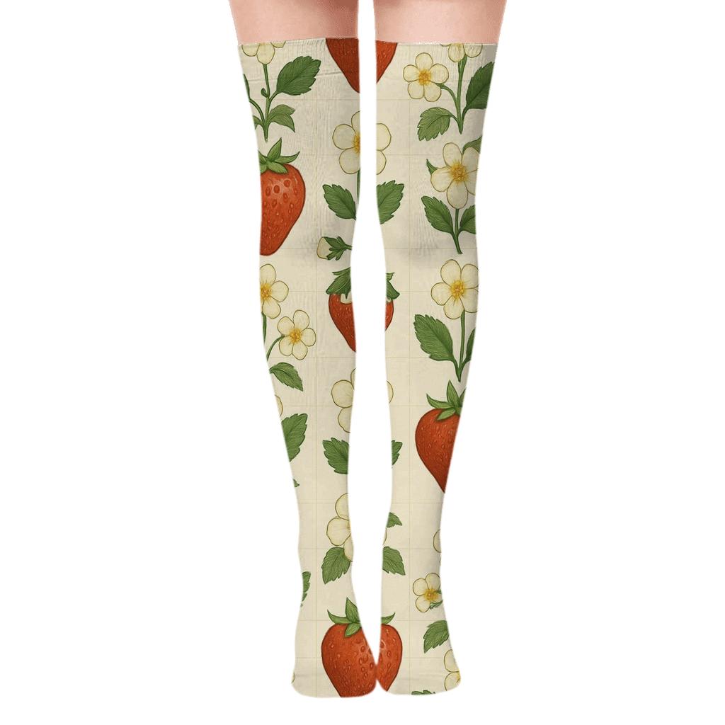 Strawberry Grid On Cream Canvas custom over-the-knee socks