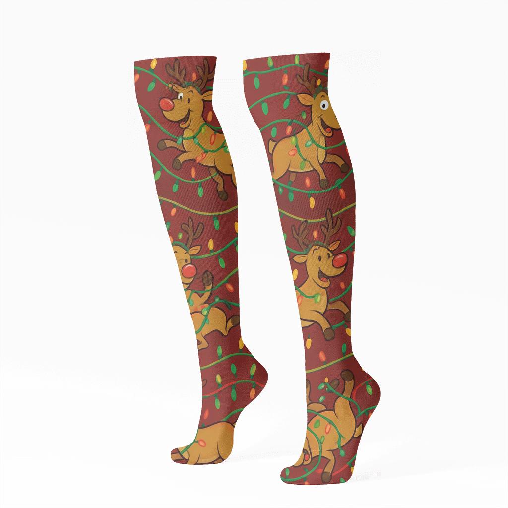 Reindeer Lights Wave Xmas trendy patterned knee-high socks