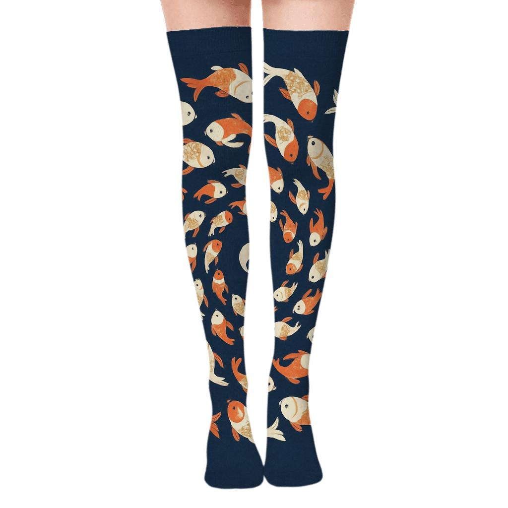 Dual Koi Circle Progression On Deep Indigo designer print over-the-knee socks