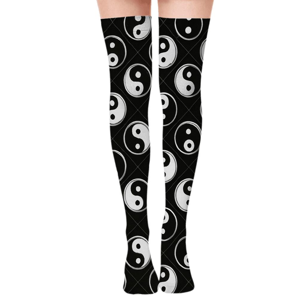 Yin Yang Dot Lattice On Black stylish fashion over-the-knee socks