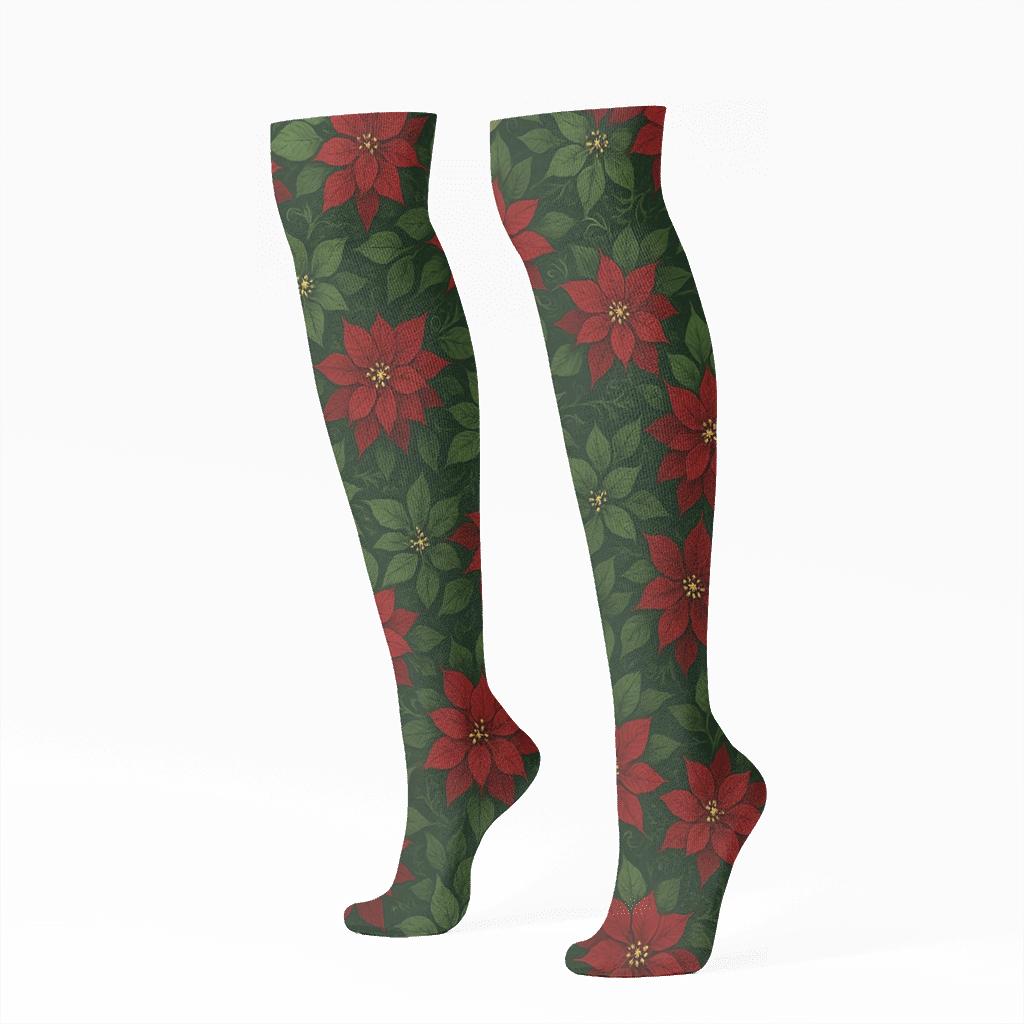 Poinsettia Wave Christmas Edition comfortable cotton knee-high socks