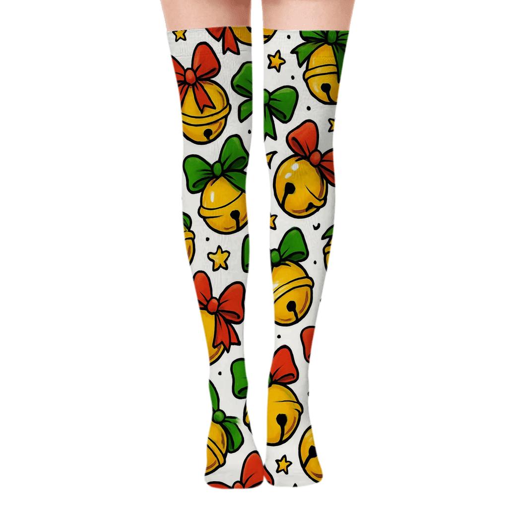 Merry Bells Scatter Holiday trendy patterned over-the-knee socks