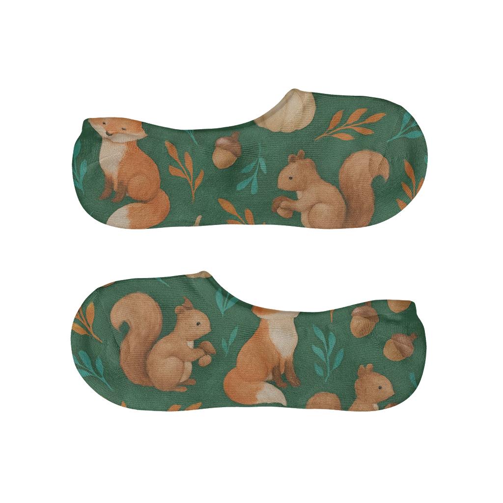 Watercolor Woodland Wrap On Forest Green low cut no-show socks
