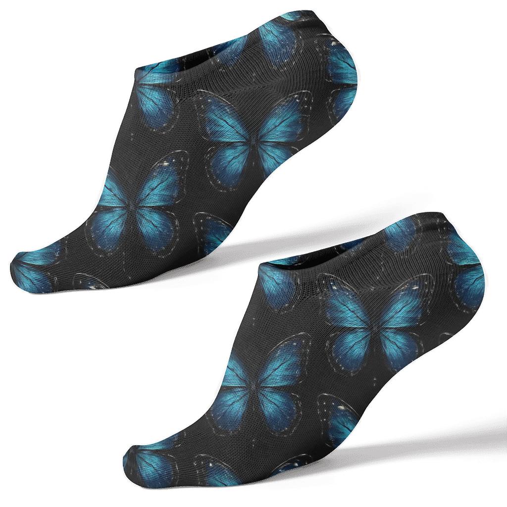 Iridescent Blue Morpho Mirror Pairs On Black comfortable cotton ankle socks