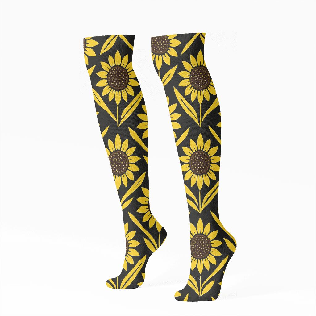 Bold Sunflower Chevron On Black Background soft everyday knee-high socks