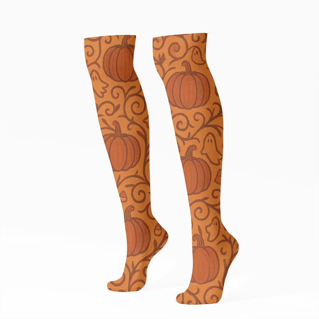 Spiral Pumpkin Vine Tessellation On Orange Background trendy patterned knee-high socks
