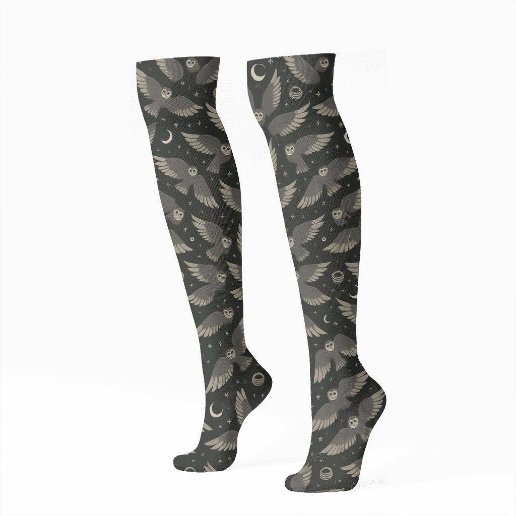 Owl Moonflight Silhouette On Black Background custom knee-high socks