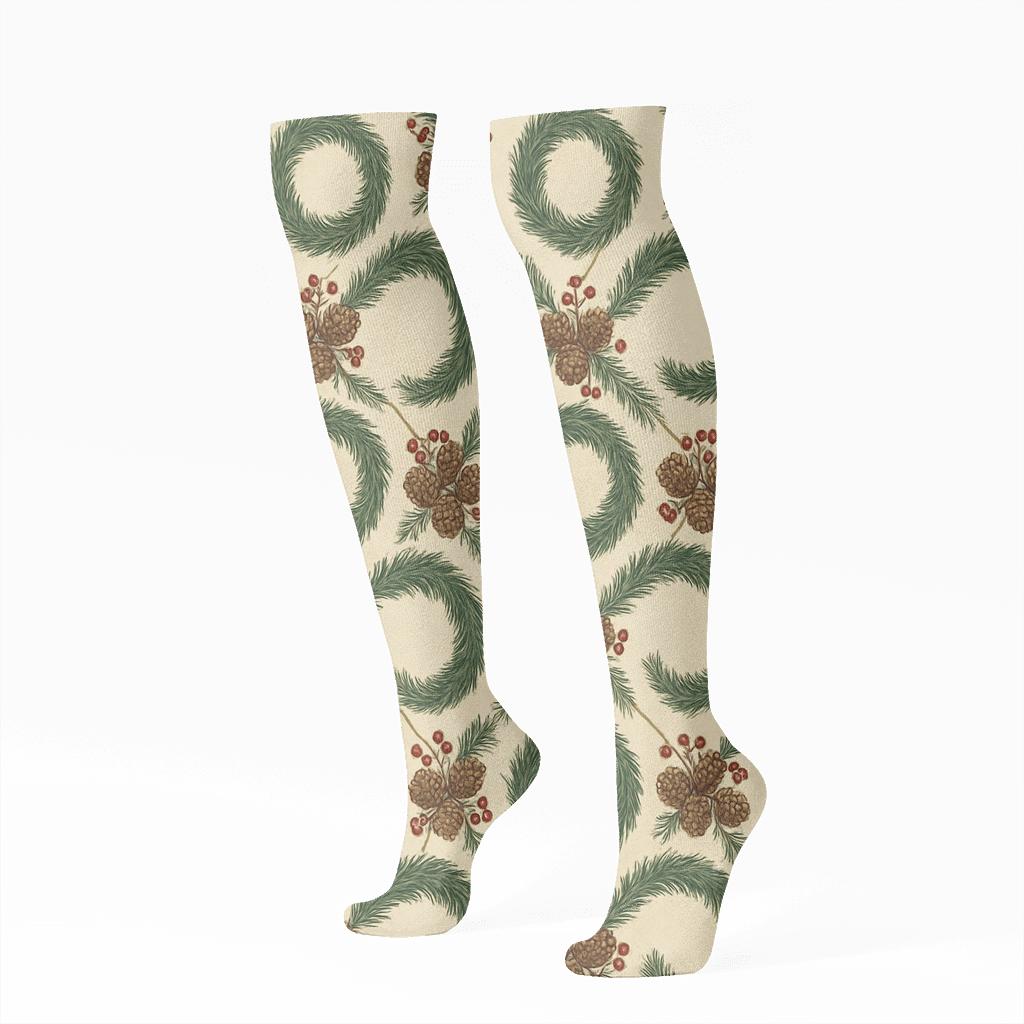 Evergreen Wreath Lattice On Ivory custom knee-high socks