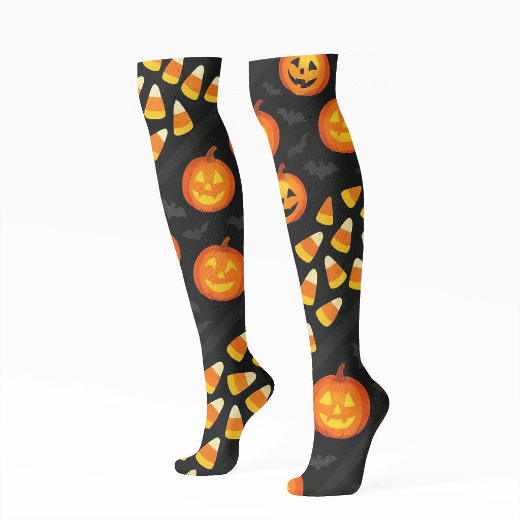Diagonal Candy Corn And Pumpkin Stripe On Black Background premium sports knee-high socks