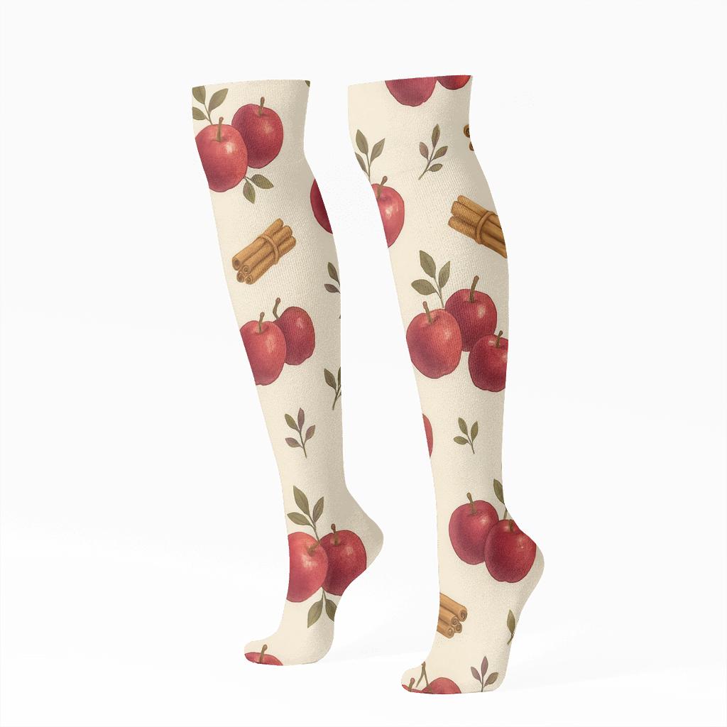 Apple Orchard Scatter On Creamy Beige stylish athletic knee-high socks