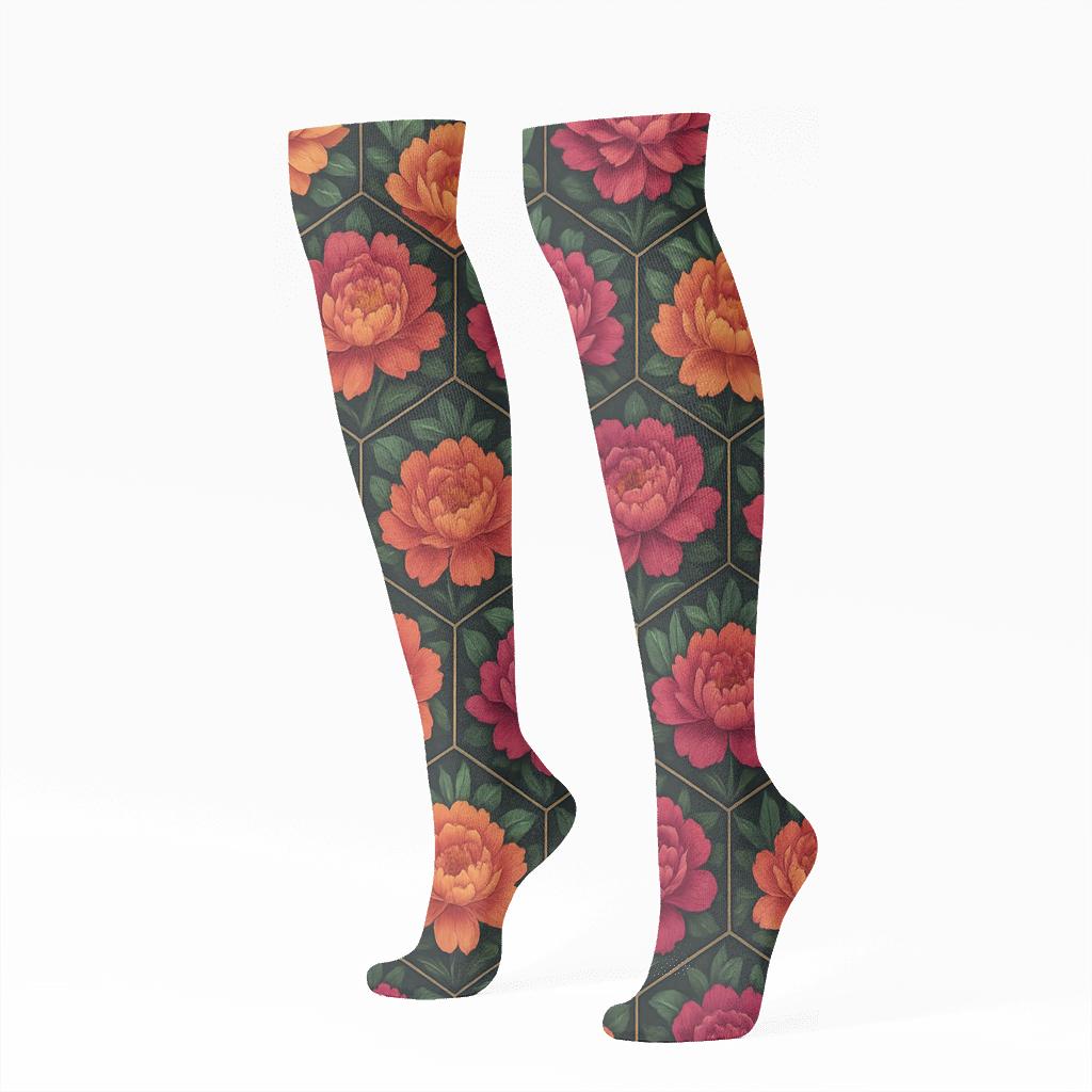 Peony Mosaic Tessellation On Charcoal Background stylish athletic knee-high socks