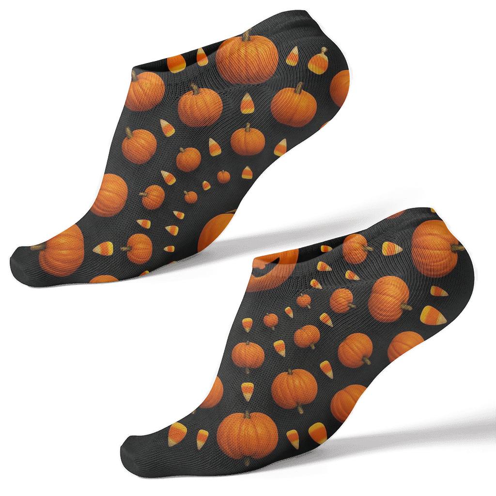Concentric Harvest Moon Pumpkin Radial On Black Background designer print ankle socks