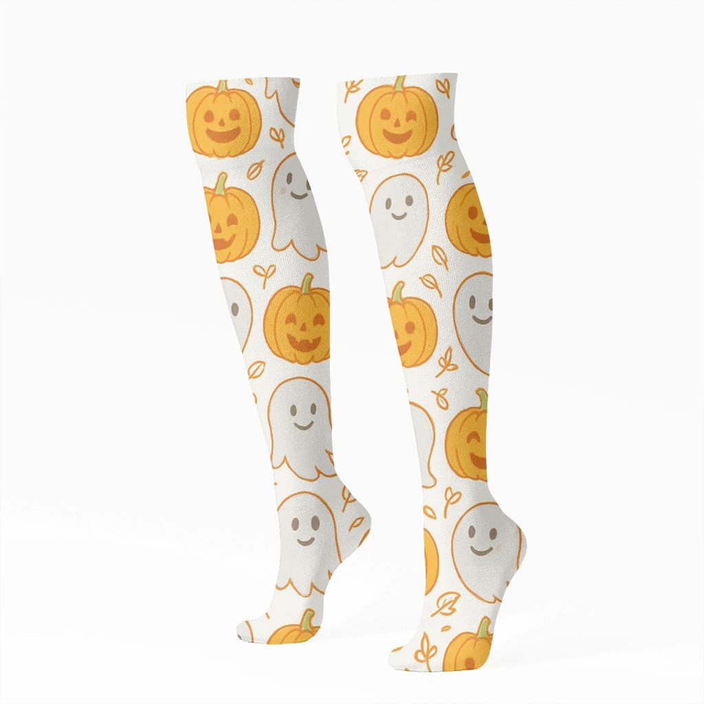 Ghost And Pumpkin Alternating Grid On White Background custom knee-high socks