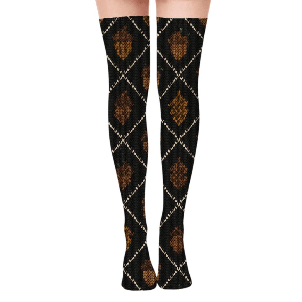 Acorn Lattice On Charcoal Field designer print over-the-knee socks