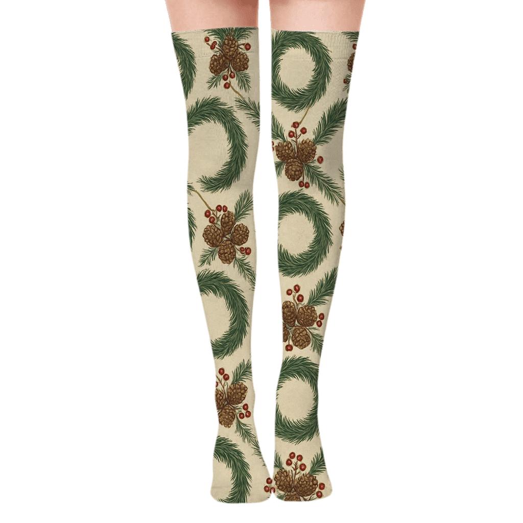 Evergreen Wreath Lattice On Ivory designer print over-the-knee socks